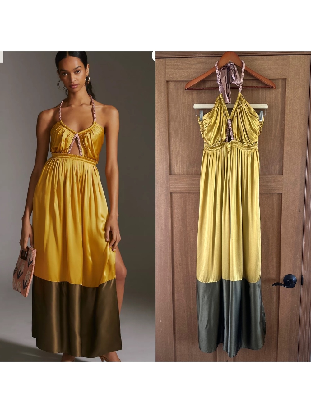 Anthropologie 100% Silk Colorblocked Halter Neck Maxi Dress Women’s size 4
